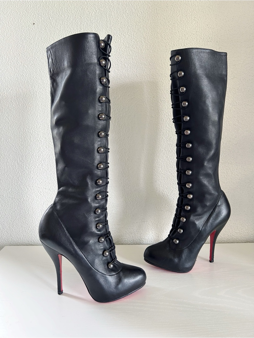 Christian Louboutin RonFifi Alta Black Leather Knee High Corset Boots Size EU 38